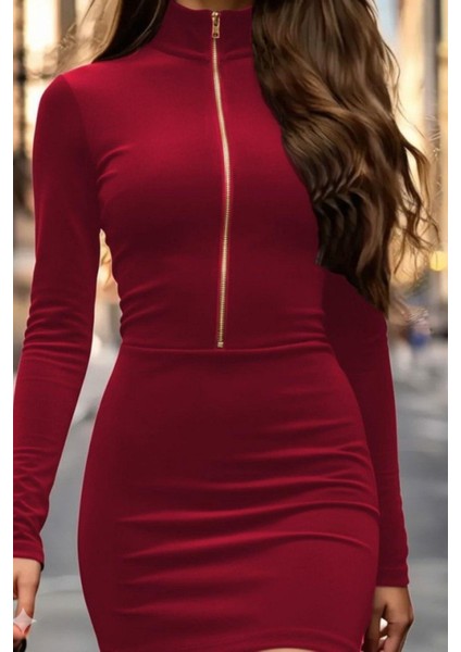 Balıkçı Yaka Fermuarlı Mini Kadife Elbise - Kırmızı modelleri