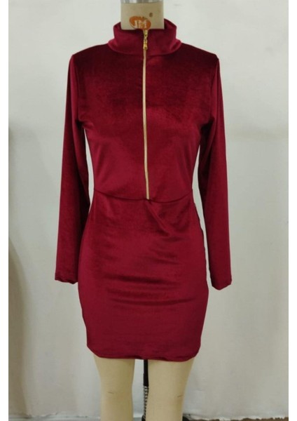 Balıkçı Yaka Fermuarlı Mini Kadife Elbise - Kırmızı fırsatları