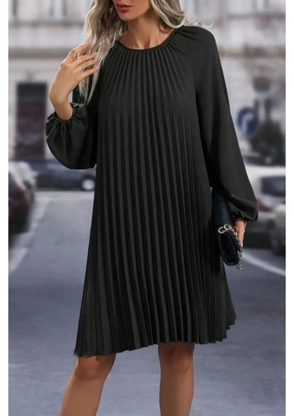 Yuvarlak Yaka Pileli Ithal Krep Elbise - Siyah fiyatları