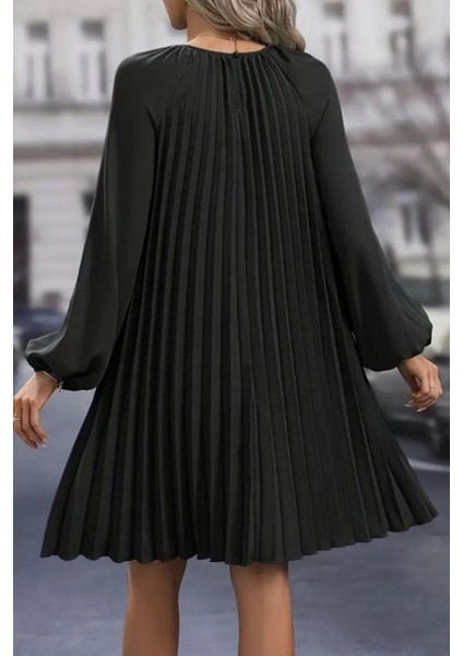 Yuvarlak Yaka Pileli Ithal Krep Elbise - Siyah modelleri
