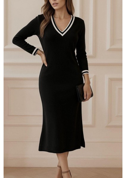 V Yaka Yandan Yırtmaçlı Viskon Iki Iplik Elbise - Siyah