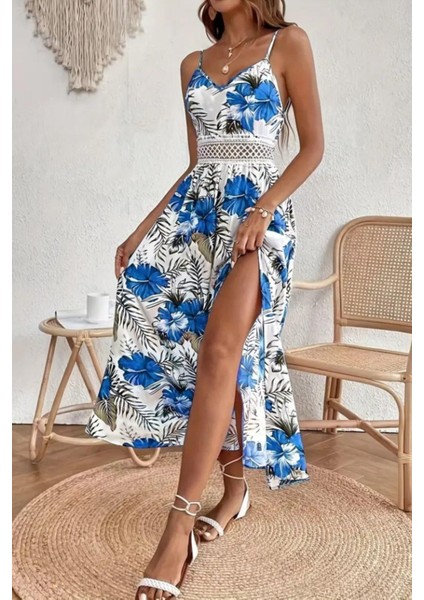 Ip Askılı Bel Dekolteli Yırtmaçlı Desenli Elbise Mavi