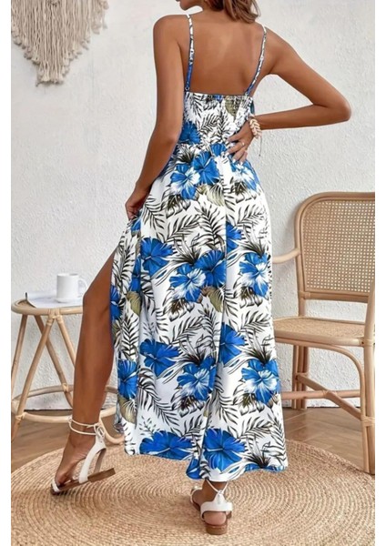 Ip Askılı Bel Dekolteli Yırtmaçlı Desenli Elbise Mavi modelleri