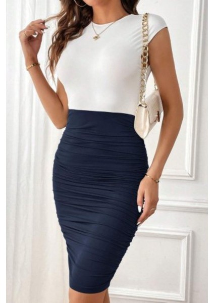 Bisiklet Yaka Beli Büzgülü Kalem Dalgıç Elbise - Lacivert