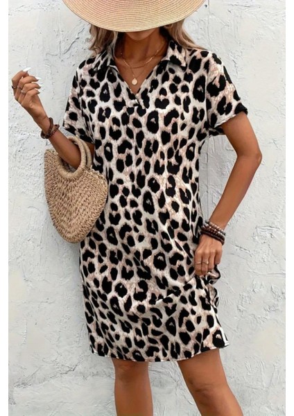Polo Yaka Desenli Atlas Elbise - Leopar