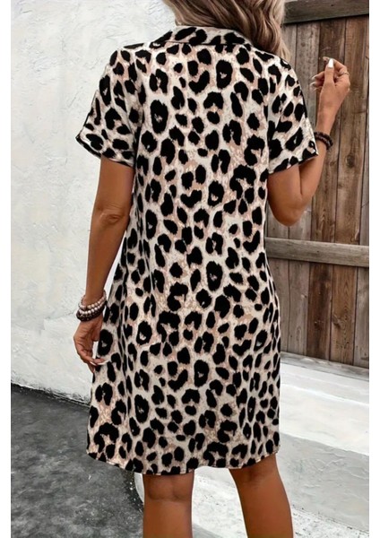 Polo Yaka Desenli Atlas Elbise - Leopar modelleri