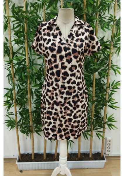 Polo Yaka Desenli Atlas Elbise - Leopar fırsatları