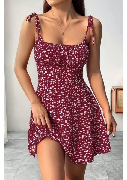 Askılı Kare Yaka Büzgü Detaylı Mini Süprem Elbise - Kırmızı