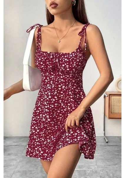 Askılı Kare Yaka Büzgü Detaylı Mini Süprem Elbise - Kırmızı fiyatları