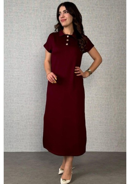Polo Yaka Düğme Detaylı Yandan Yırtmaçlı Uzun Elbise - Bordo