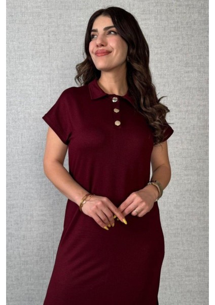 Polo Yaka Düğme Detaylı Yandan Yırtmaçlı Uzun Elbise - Bordo fiyatları
