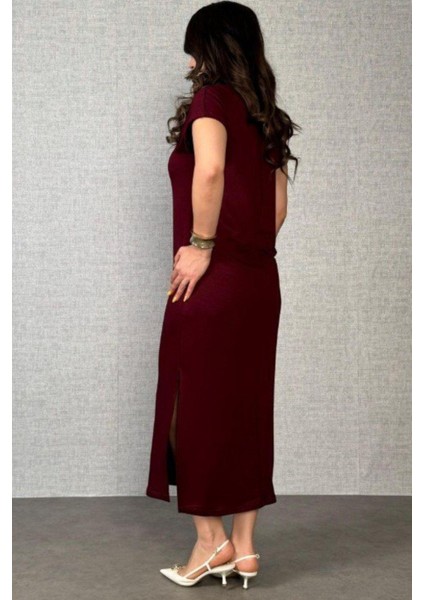Polo Yaka Düğme Detaylı Yandan Yırtmaçlı Uzun Elbise - Bordo modelleri
