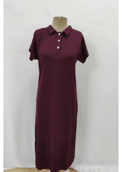 Polo Yaka Düğme Detaylı Yandan Yırtmaçlı Uzun Elbise - Bordo fırsatları