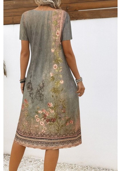 Kısa Kollu V Yaka Desenli Süprem Elbise - Gri modelleri