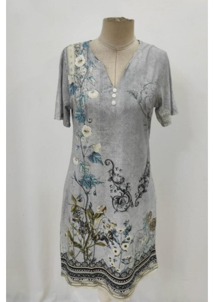 Kısa Kollu V Yaka Desenli Süprem Elbise - Gri fırsatları