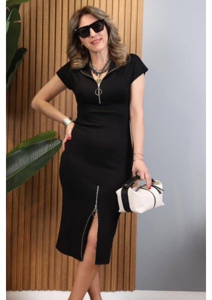 Kısa Kollu Fermuar Detaylı Viskon Iki Iplik Elbise - Siyah