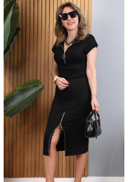 Kısa Kollu Fermuar Detaylı Viskon Iki Iplik Elbise - Siyah fiyatları
