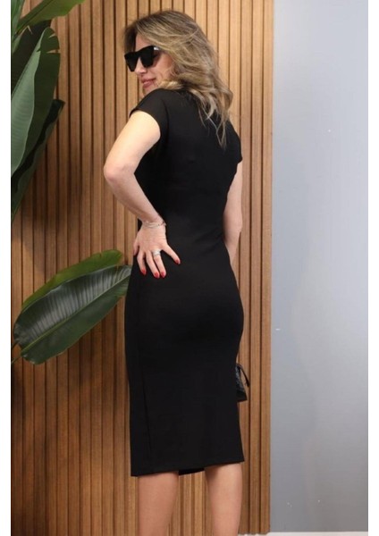 Kısa Kollu Fermuar Detaylı Viskon Iki Iplik Elbise - Siyah modelleri