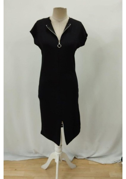 Kısa Kollu Fermuar Detaylı Viskon Iki Iplik Elbise - Siyah fırsatları