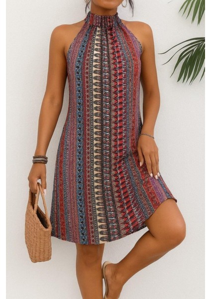 Halter Yaka Mini Süprem Elbise - Çok Renkli