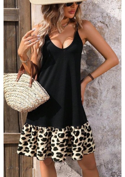 Leopar Desen Volan Detaylı Yuvarlak Yaka Elbise - Siyah