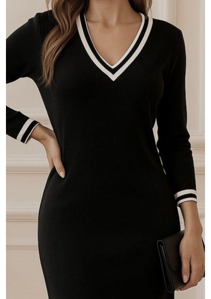 V Yaka Yandan Yırtmaçlı Viskon Iki Iplik Elbise - Siyah fiyatları