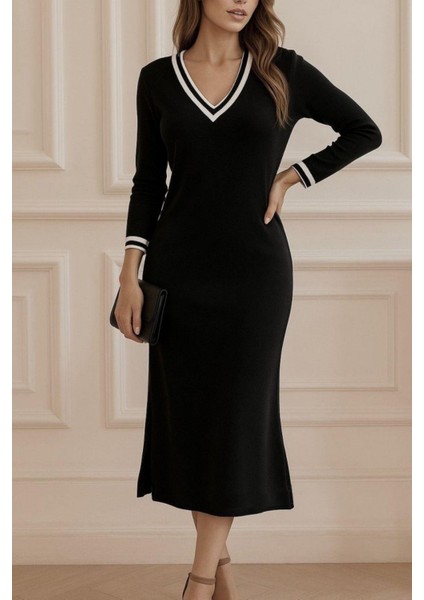 V Yaka Yandan Yırtmaçlı Viskon Iki Iplik Elbise - Siyah modelleri