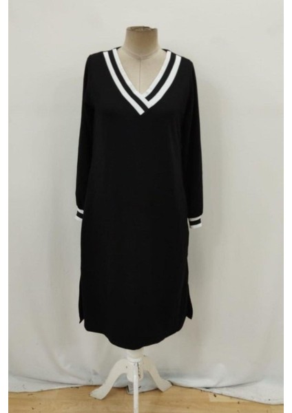 V Yaka Yandan Yırtmaçlı Viskon Iki Iplik Elbise - Siyah fırsatları