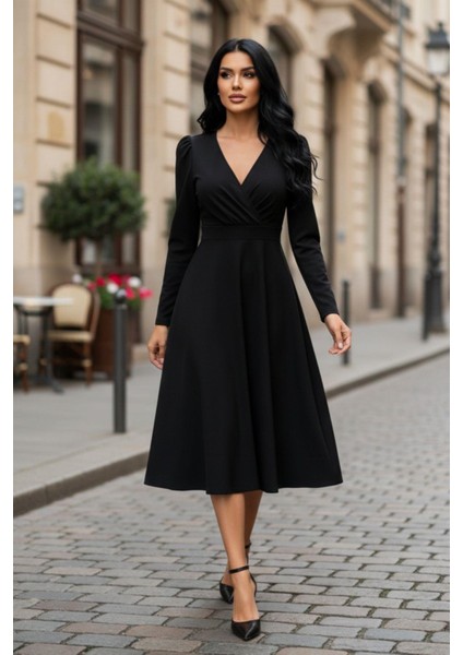Siyah Zarif V Yaka Midi Elbise