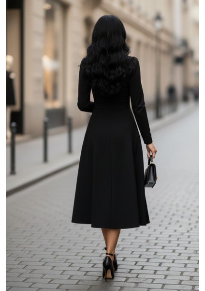 Siyah Zarif V Yaka Midi Elbise fiyatları