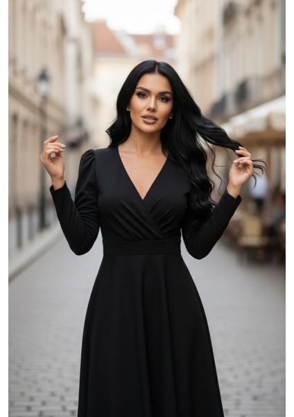 Siyah Zarif V Yaka Midi Elbise modelleri