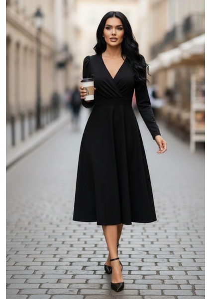 Siyah Zarif V Yaka Midi Elbise fırsatları