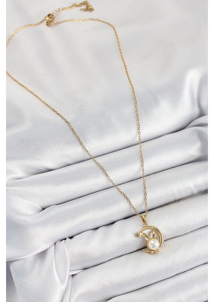 316L Çelik Inci Detaylı Hilal Tavşan Model Gold Renk Kadın Kolye fiyatları