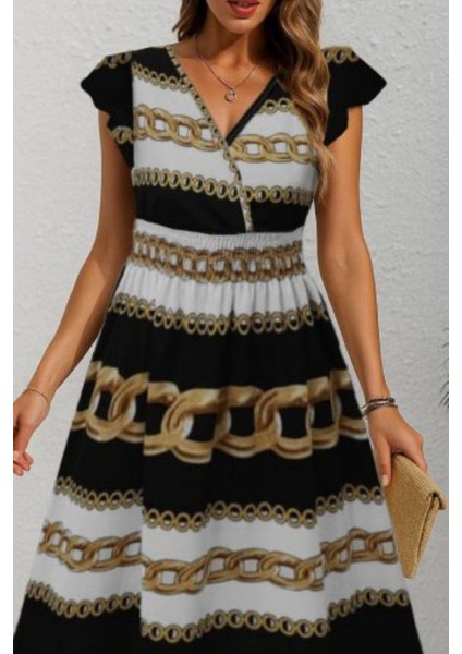 Kruvaze Yaka Volan Kollu Desenli Örme Krep Elbise - Zincir fiyatları