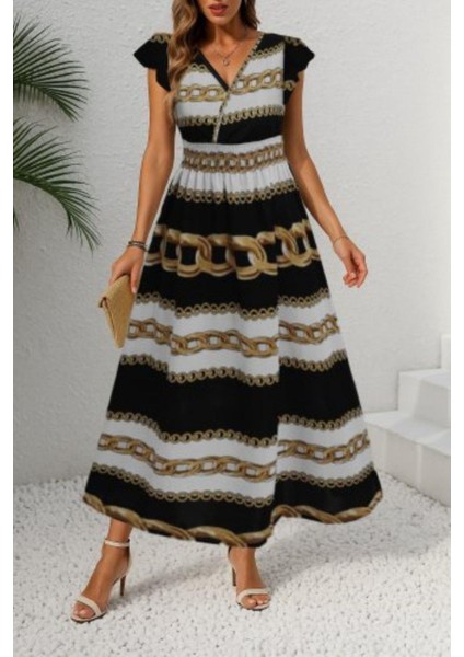 Kruvaze Yaka Volan Kollu Desenli Örme Krep Elbise - Zincir modelleri