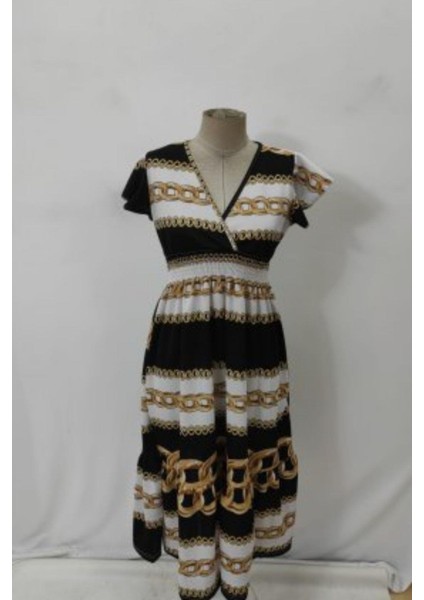 Kruvaze Yaka Volan Kollu Desenli Örme Krep Elbise - Zincir fırsatları