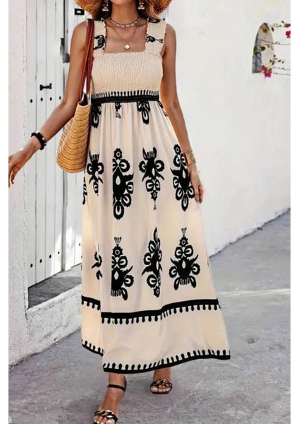 Kare Yaka Gipe Detaylı Uzun Süprem Elbise - Bej