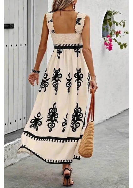 Kare Yaka Gipe Detaylı Uzun Süprem Elbise - Bej fiyatları