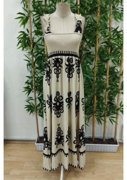 Kare Yaka Gipe Detaylı Uzun Süprem Elbise - Bej fırsatları