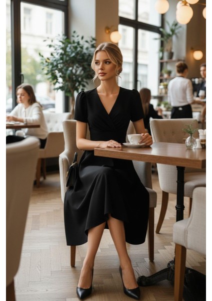 Siyah Kruvaze Yaka Kısa Kollu Midi Elbise – Ofis ve Günlük Şıklık modelleri