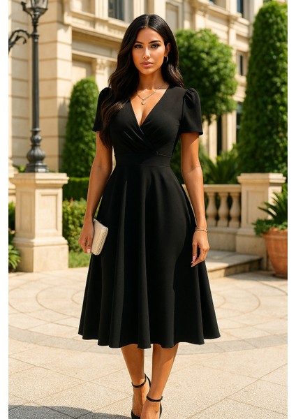 Siyah Kruvaze Yaka Kısa Kollu Midi Elbise – Ofis ve Günlük Şıklık indirimleri