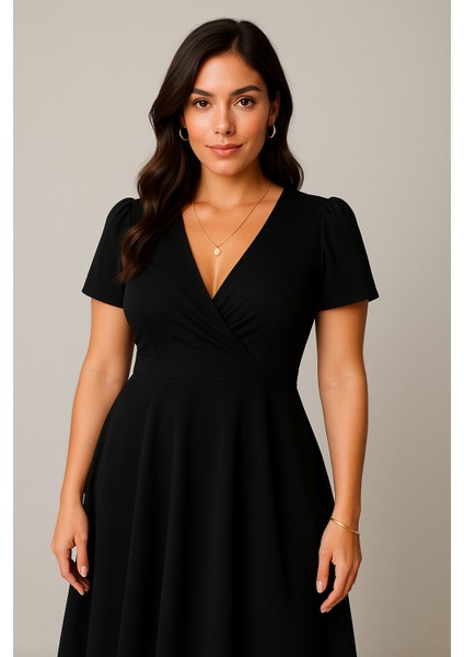 Siyah Kruvaze Yaka Kısa Kollu Midi Elbise – Ofis ve Günlük Şıklık