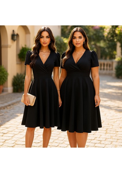 Siyah Kruvaze Yaka Kısa Kollu Midi Elbise – Ofis ve Günlük Şıklık