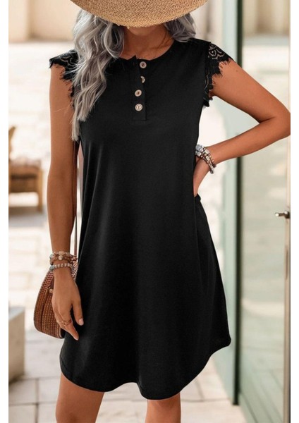 Düğme Detaylı Omuz Dantelli Viskon Elbise - Siyah