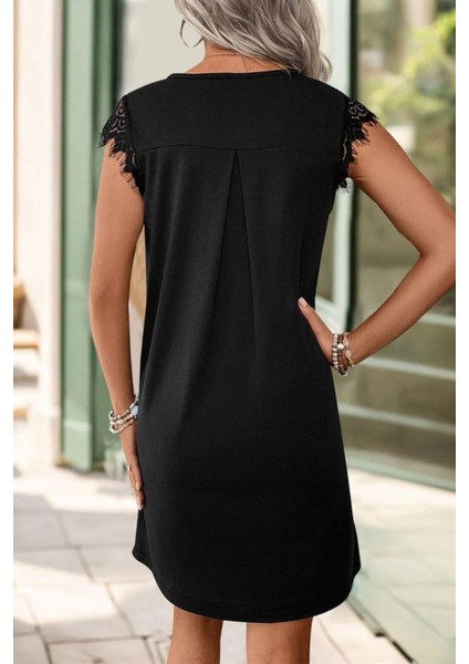 Düğme Detaylı Omuz Dantelli Viskon Elbise - Siyah modelleri