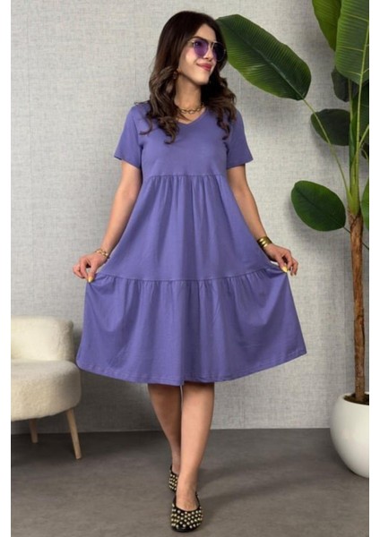 V Yaka Kısa Kollu Viskon Elbise - Mor