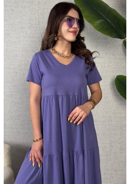 V Yaka Kısa Kollu Viskon Elbise - Mor fiyatları