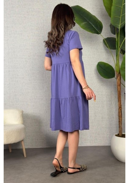 V Yaka Kısa Kollu Viskon Elbise - Mor modelleri
