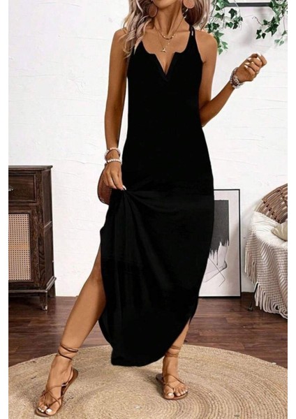 Askılı V Yaka Salaş Kesim Uzun Viskon Elbise - Siyah