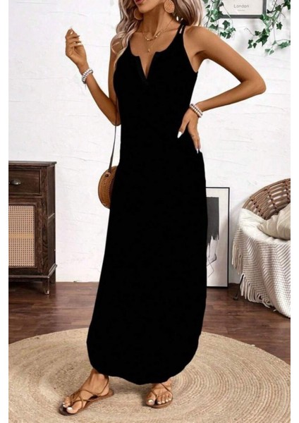 Askılı V Yaka Salaş Kesim Uzun Viskon Elbise - Siyah fiyatları